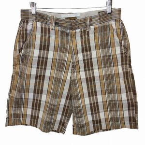 Old Navy 2006 Mens Brown Blue Plaid Flat Front Cotton Shorts 34